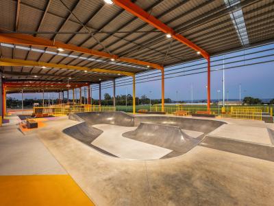 View under YES roof showing skate bowl
