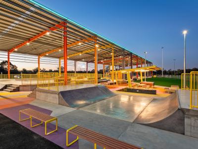 View under YES roof showing skate ramp
