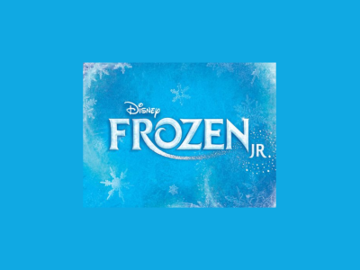 Blue icy background. White, decorative text that reads "Disney's Frozen Jr".