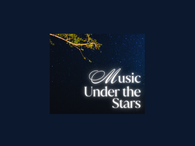 Starry night sky in the background, with a tree branch coming in from the top left corner, and text reading "Music Under the Stars" in decorative, glowy white font in the bottom right corner.