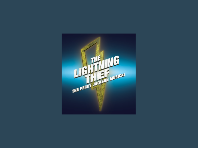 A lighting bolt on a blue background, with text reading "The Lighting Thief: The Percy Jackson Musical" layered on top.