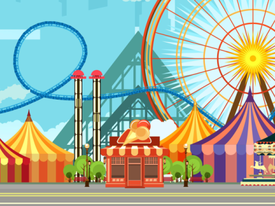 Cartoon side picture of an amusement park.