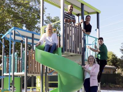 Councillors Leah Szczyglak, Saiful Islam, Aaron Adams, Diane Lloyd and Dillon Mason (left to right) explore the new playground at Wilpon Park in Beckenham.