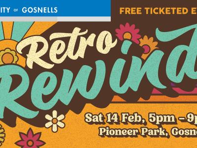 Retro Rewind logo with 70s style flowers and colours