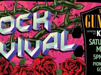 logo for Rock revival with roses in the background 