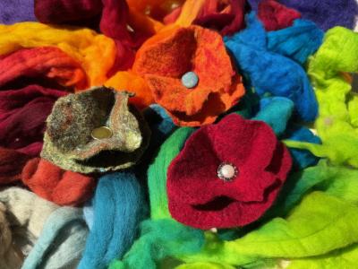 Felted flowers and colourful wool.