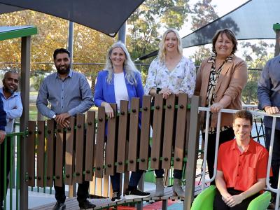 City of Gosnells Mayor Terresa Lynes (third from right) and Councillors Peter Abetz, Glenn Dewhurst, Saiful Islam, Malik Sajjad, Diane Lloyd, Leah Szczyglak, Dillon Mason and Aaron Adams check out the new playground at Lexington Park in Canning Vale