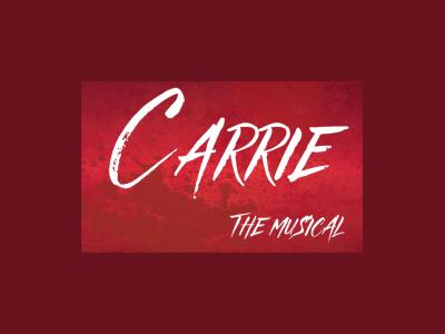 Text reading "Carrie The Musical" on top of a red, blood splatter background.