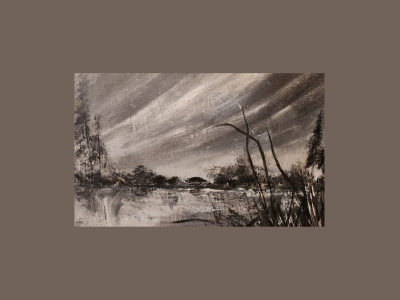 Greyscale landscape painting of a lake