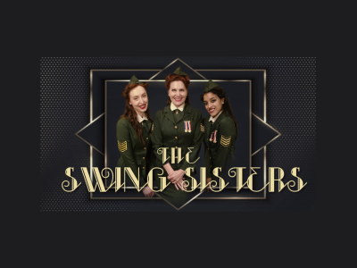 "The Swings Sisters" in text, below a photo of 3x women wearing military uniforms and smiling at the camera