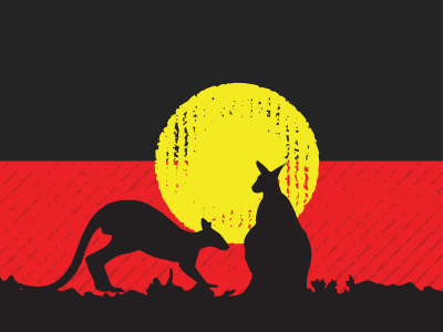 NAIDOC Website Banner depicting kangaroo silhouette on a red and black background with a yellow sun 