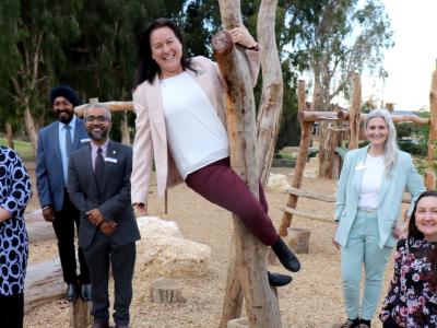 City of Gosnells Mayor Terresa Lynes (second from left) and Councillors Dillon Mason, Balli Singh, Saiful Islam, Kylie Dalton, Diane Lloyd, Serena Williamson and Peter Abetz explore the new playground at Aldenham Park.